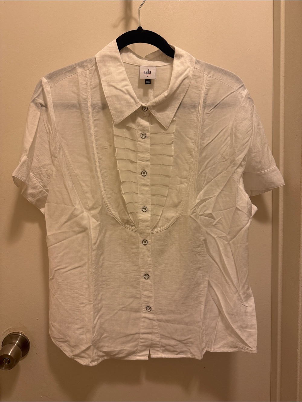 CAbi White Pleated-Front Short Sleeve Button Shirt